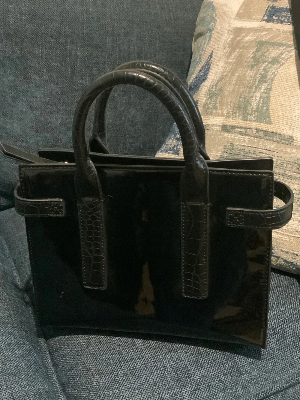 Tahari Black Patent Croc-Trim Satchel